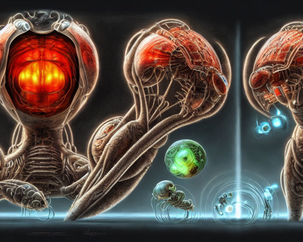 Surreal Artwork: Three Alien Creatures with Glowing Red Eyes