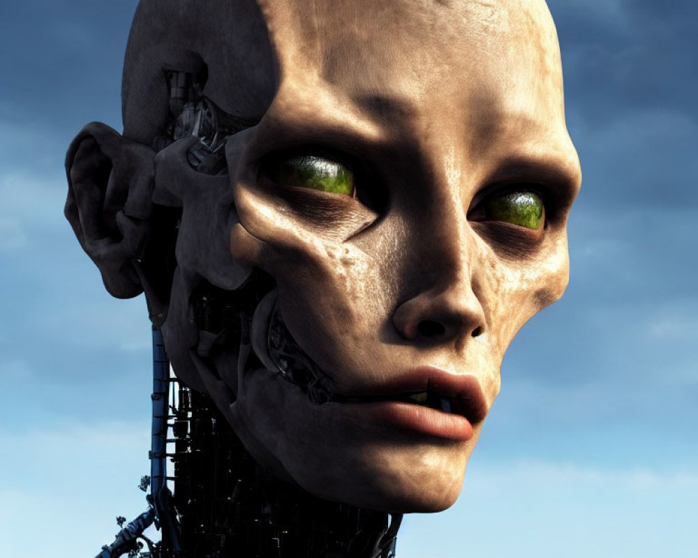 Android with half-revealed mechanical structure and humanoid face against cloudy sky