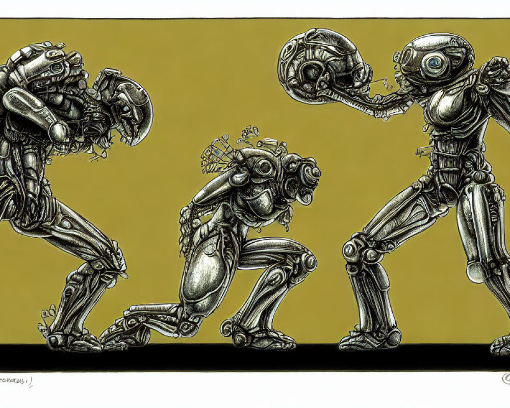 Detailed illustration of three robotic skeletal anthropomorphic figures in dynamic pose on yellow backdrop
