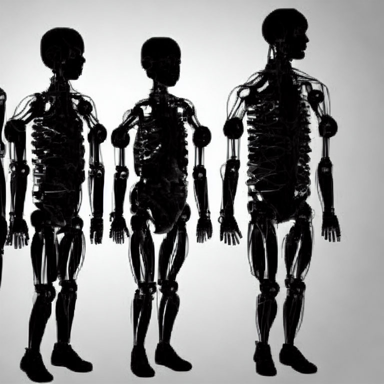 Silhouetted humanoid figures with skeletal structures on light background