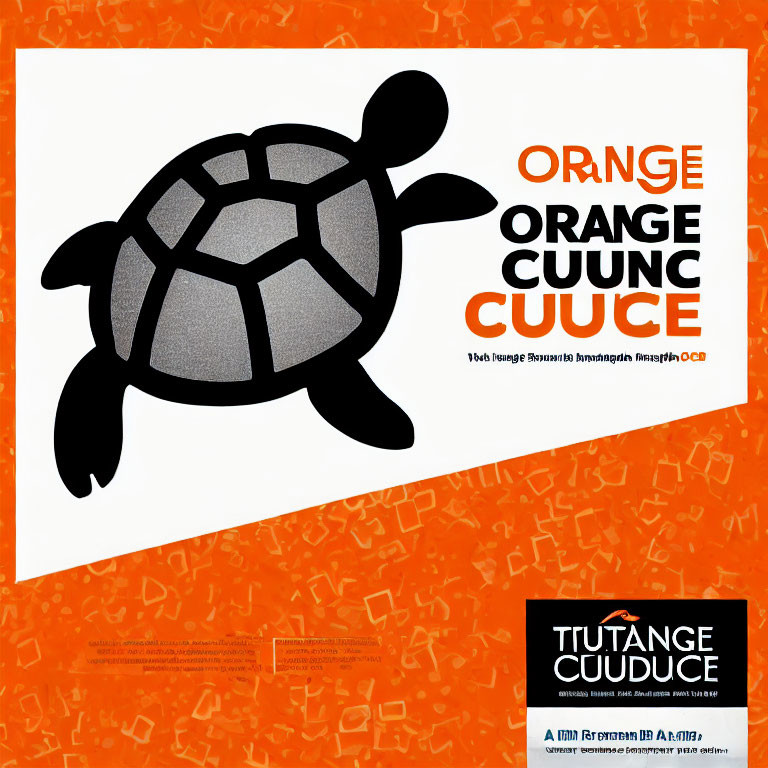 Black Turtle Silhouette on Orange Background with Stylized Text and Patterns