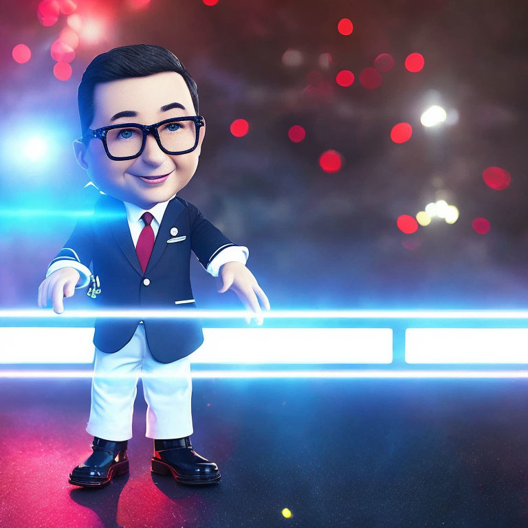 Smiling businessman 3D character with blue neon lights