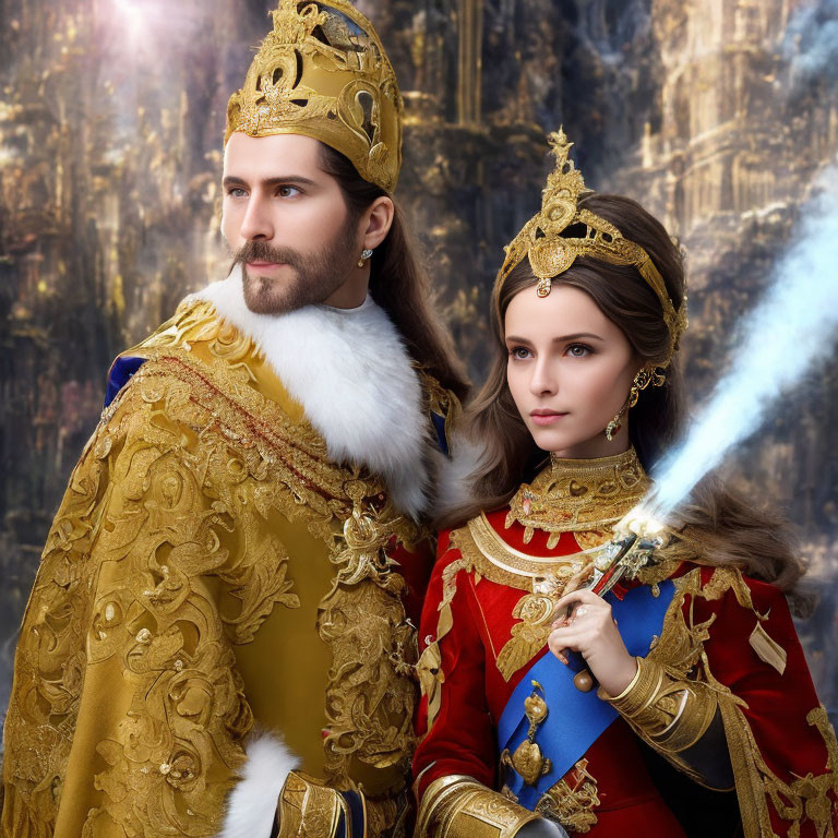 Royal couple in opulent medieval attire with golden crowns and embroidered cloaks against forest backdrop