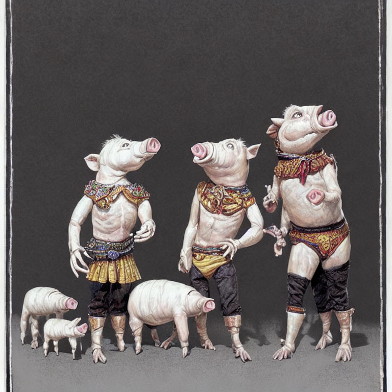Anthropomorphic pigs in ornate clothing with piglets on grey background