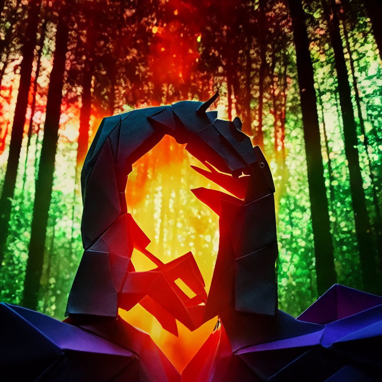 Geometric paper art sculpture of wolf head in colorful forest setting