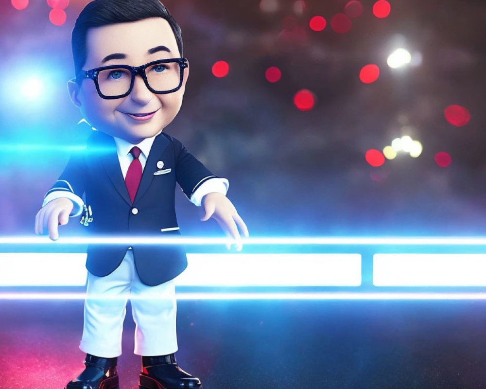 Smiling businessman 3D character with blue neon lights