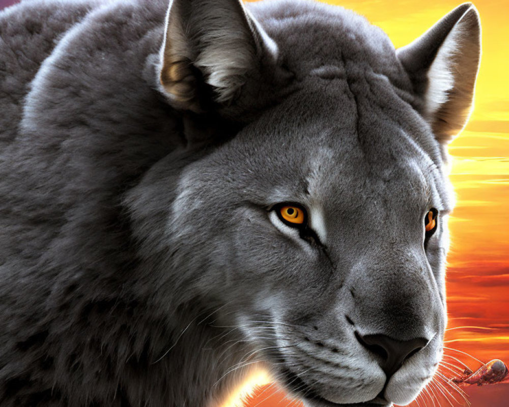 Digital artwork: Large grey feline creature with orange eyes in vibrant sunset.