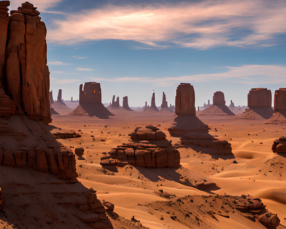 Majestic desert landscape with towering sandstone buttes under dynamic sky