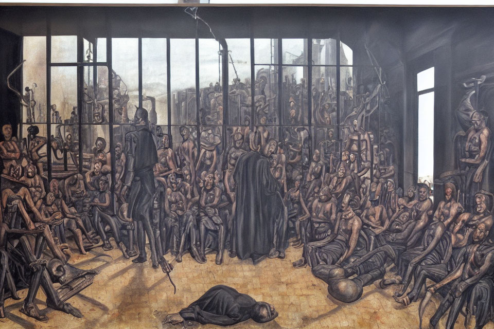 Distressed individuals behind bars in dramatic mural.