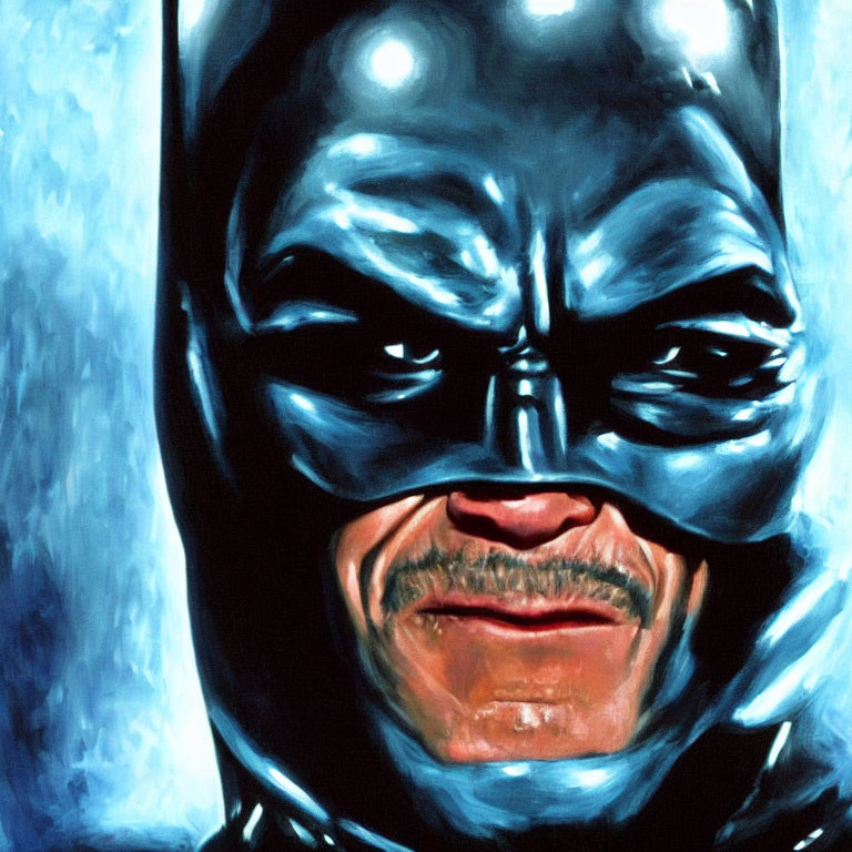 Detailed close-up of person in Batman mask with intense eyes and furrowed brow on blue background