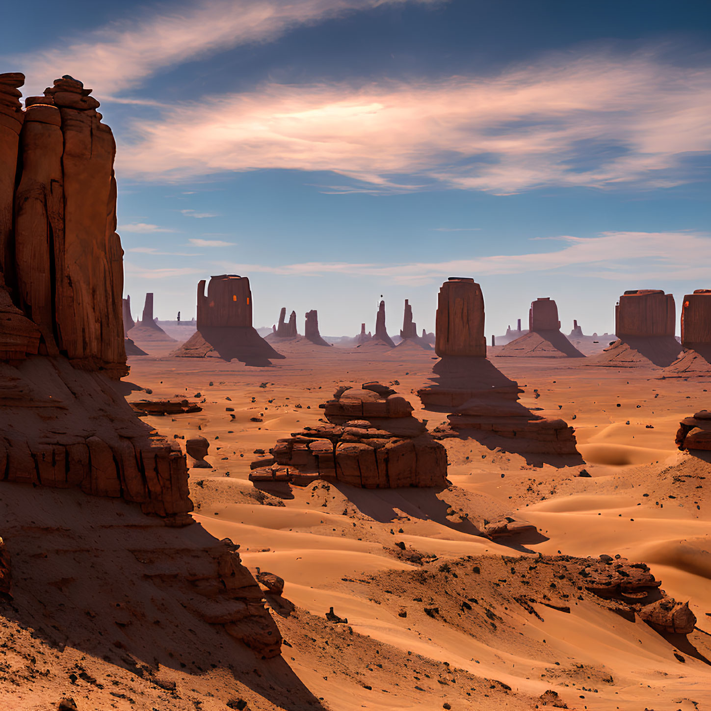 Majestic desert landscape with towering sandstone buttes under dynamic sky