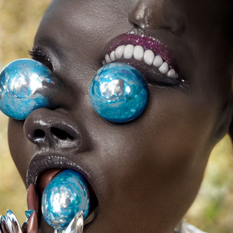 Person with glistening makeup and shiny blue spheres on lips, under eye, and near nose