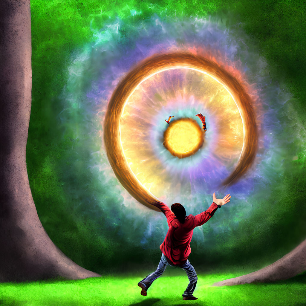 Person in red jacket reaching towards glowing portal surrounded by fire and eerie green light