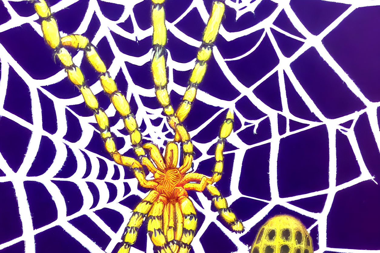 Colorful Yellow Spider on White Web Against Purple Background
