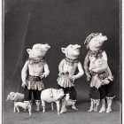 Anthropomorphic pigs in ornate clothing with piglets on grey background