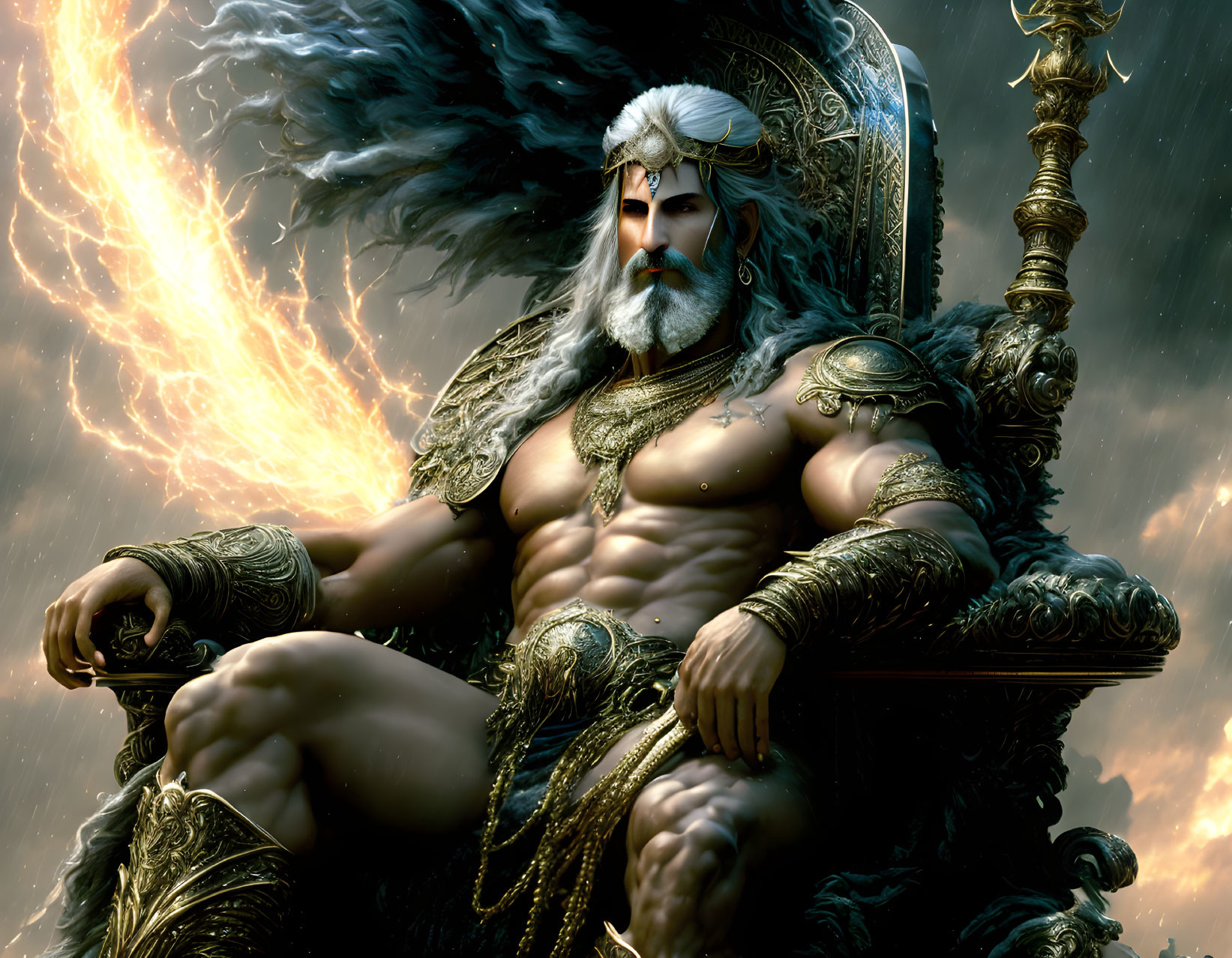 Muscular man on ornate throne surrounded by dramatic clouds and lightning