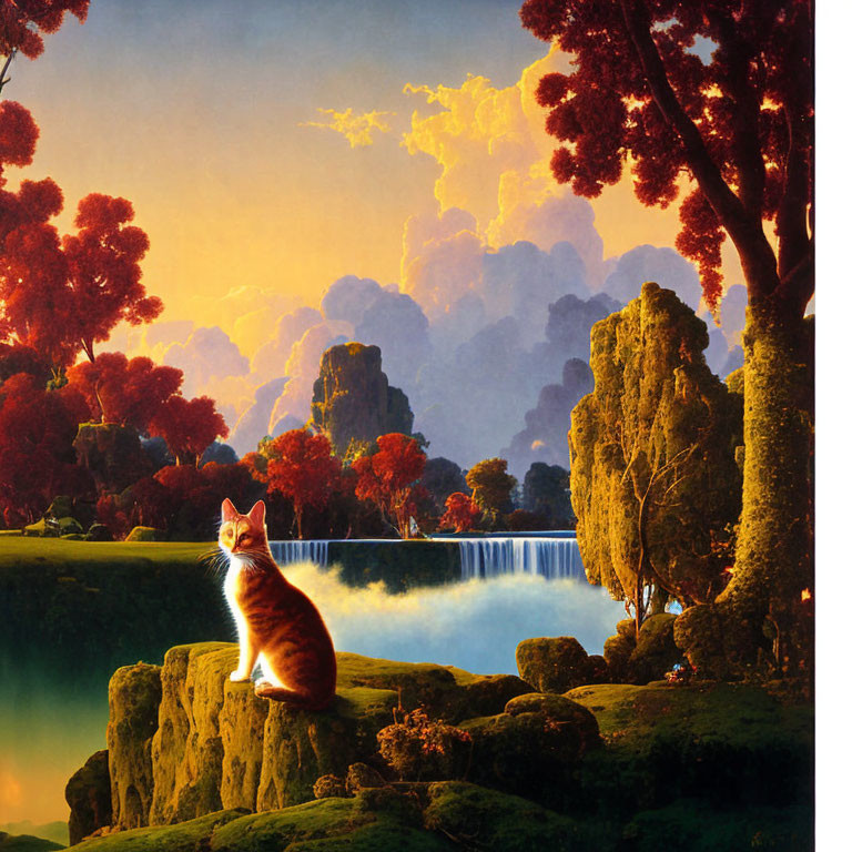 Cat observing serene landscape with waterfalls at sunset