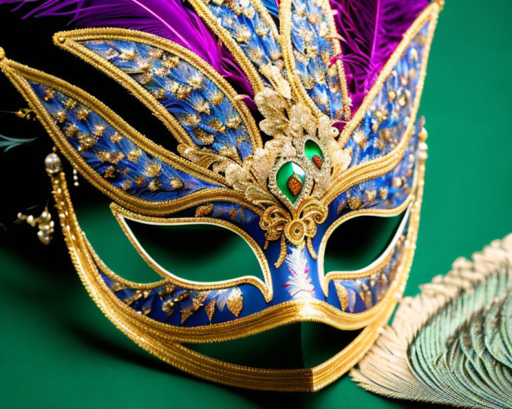 Colorful Venetian mask with feathers, gold embroidery, and beadwork on green background