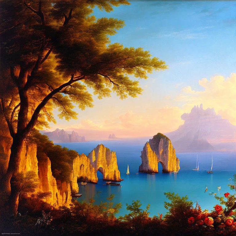 Coastal Landscape Painting with Rock Formations and Sailboats