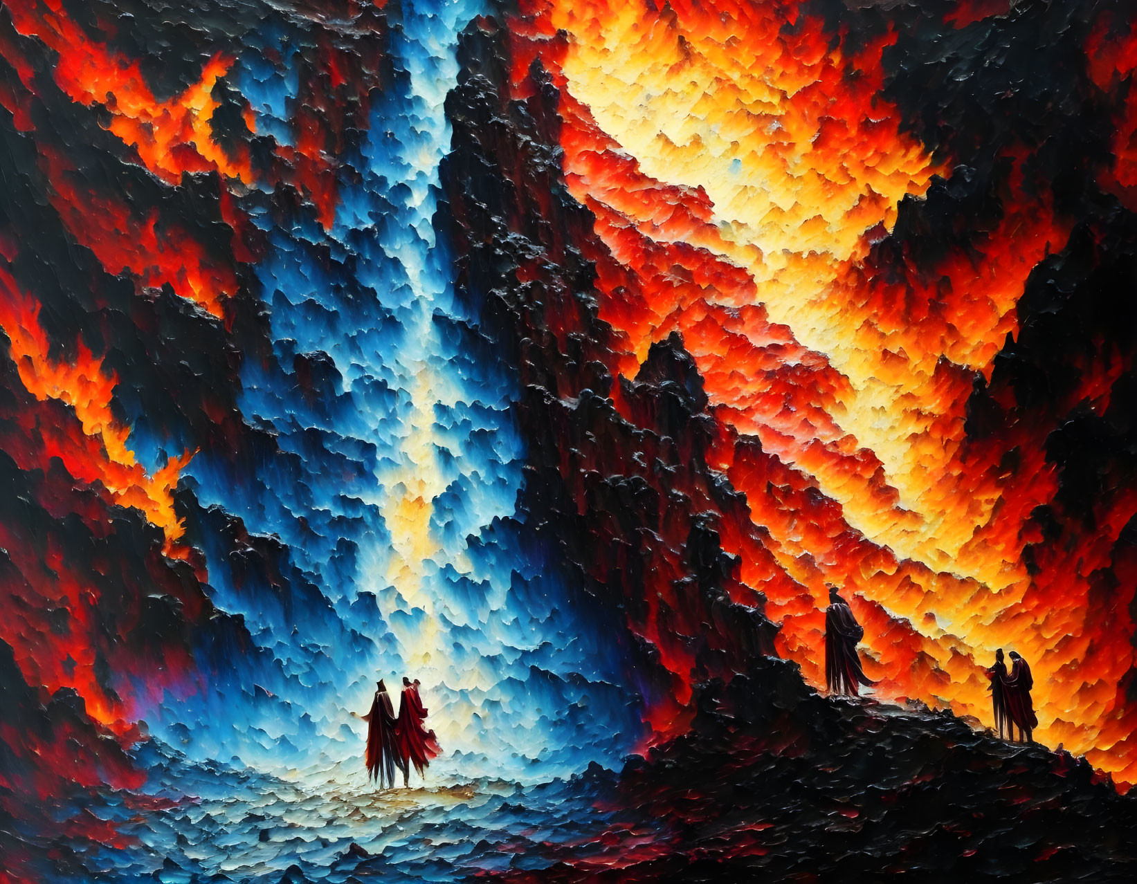 Colorful Abstract Painting of Figures Under Dramatic Sky