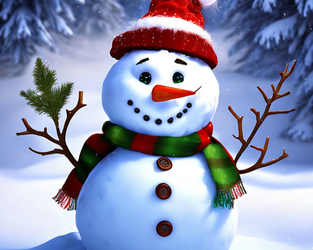 Cheerful snowman with red hat and green scarf in snowy forest