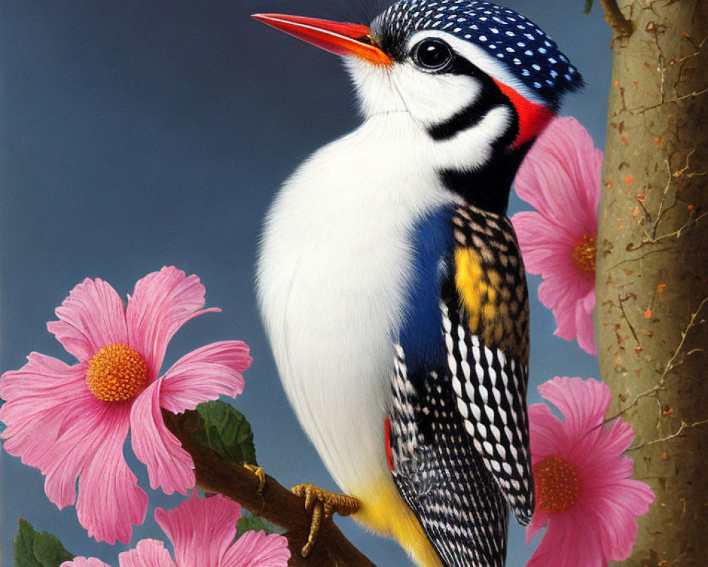 Colorful Bird with Red Beak and Blue Head Perched Near Pink Flowers