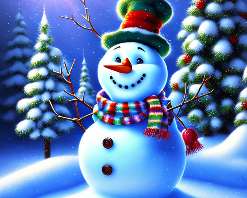 Colorful snowman with top hat and scarf in snowy landscape