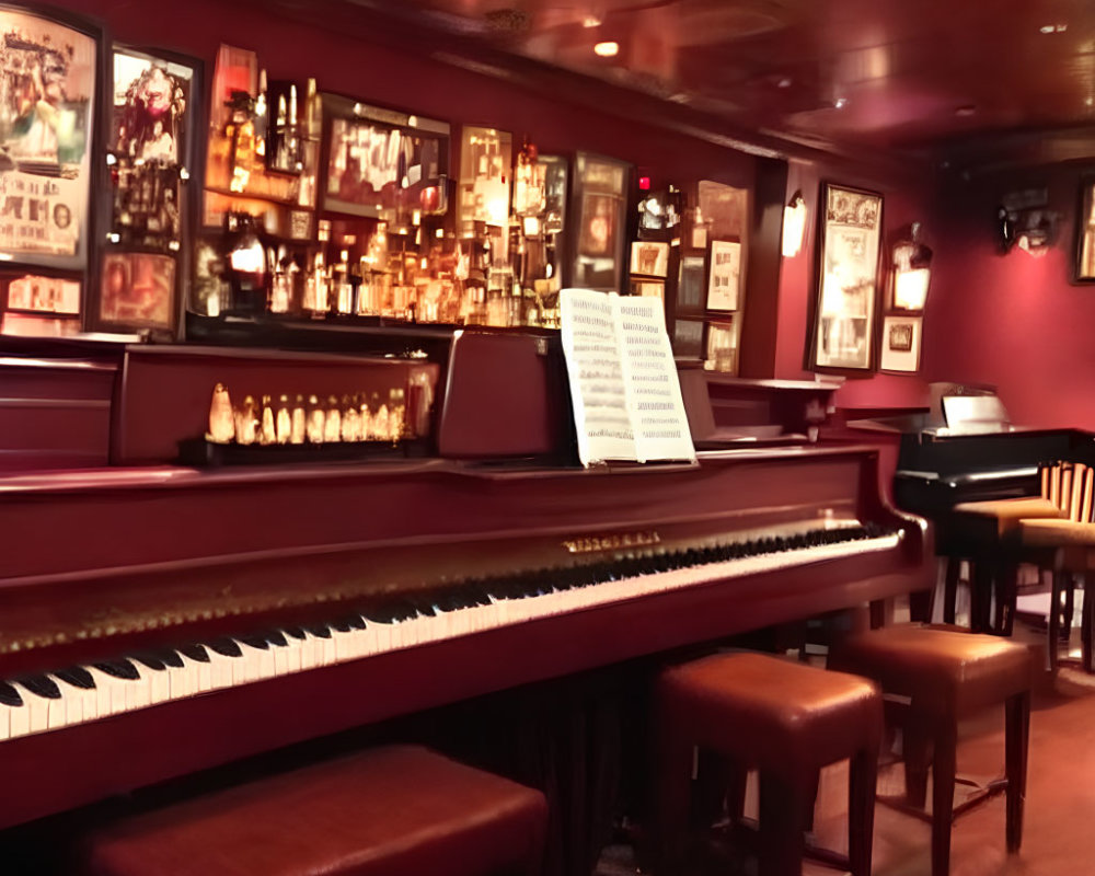 Cozy piano bar with grand piano, ambient lighting, bar stools, framed pictures, and liquor shelf