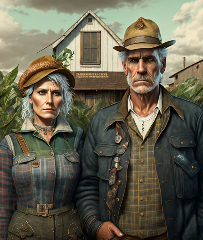 Rural-themed illustration of stern man and woman with badges in front of "Farewell Originals