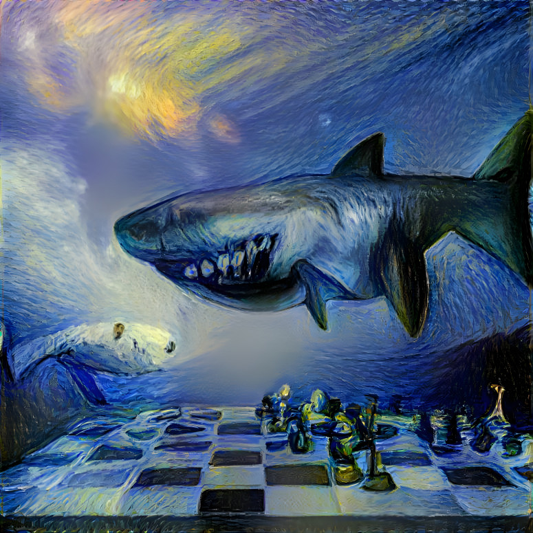 Un tiburón jugando ajedrez en el cielo