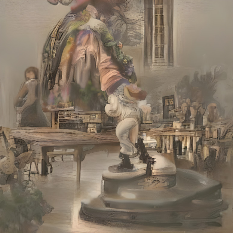 Clown in library dancing on table