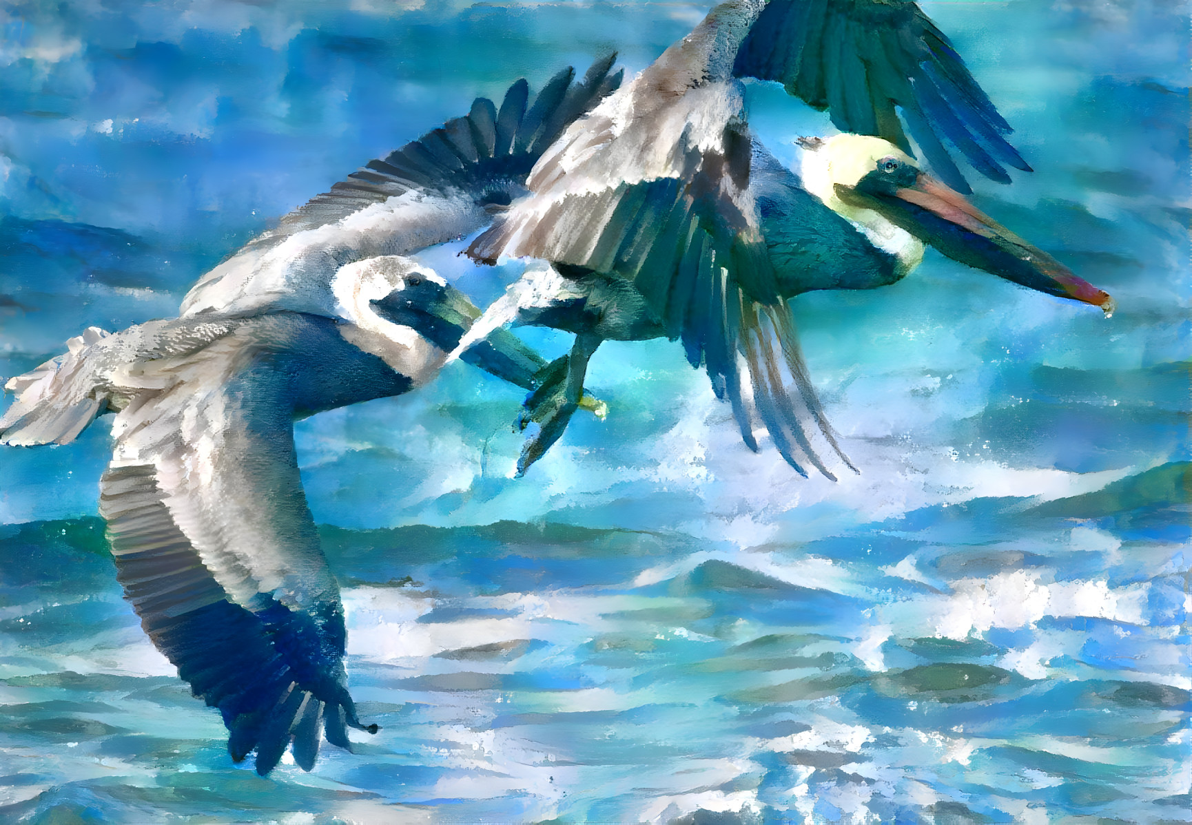 Pelicans at the shoreline 