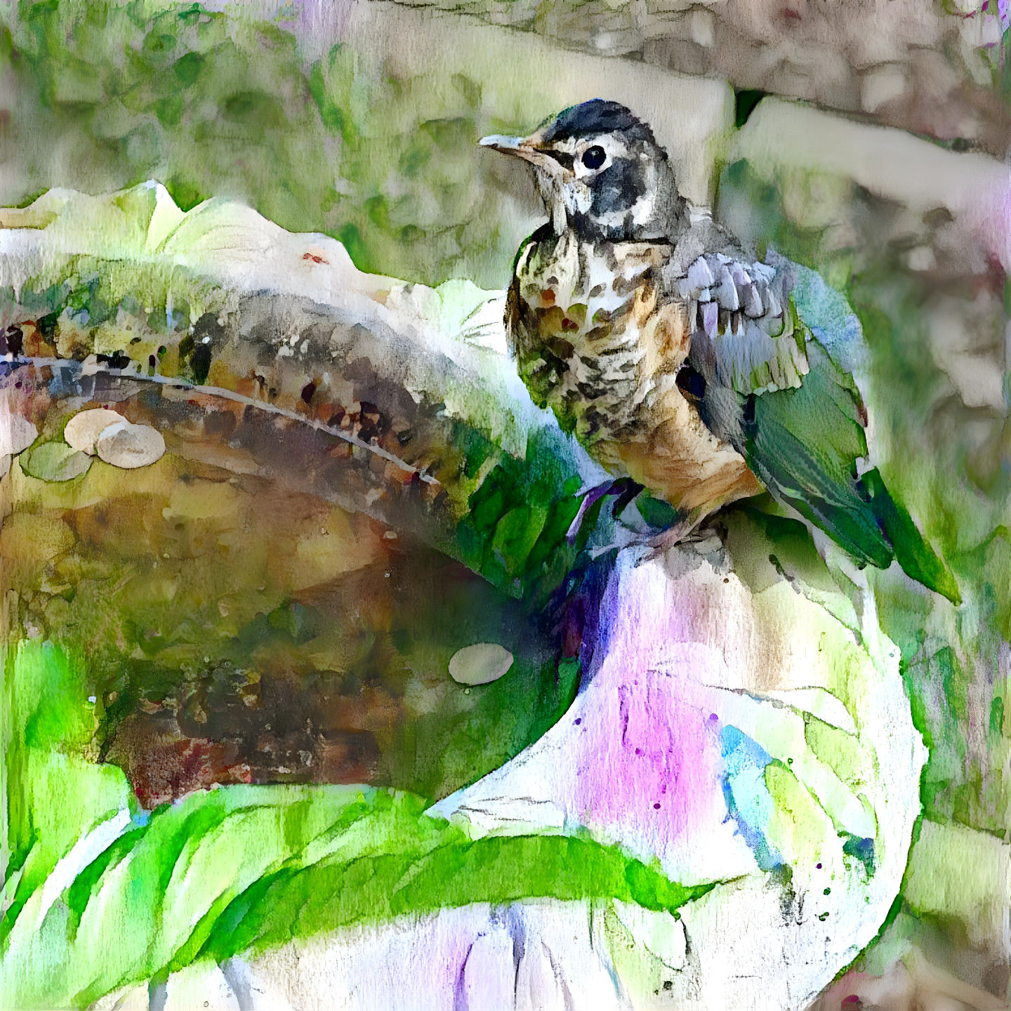 Robin fledgling on the bird bath