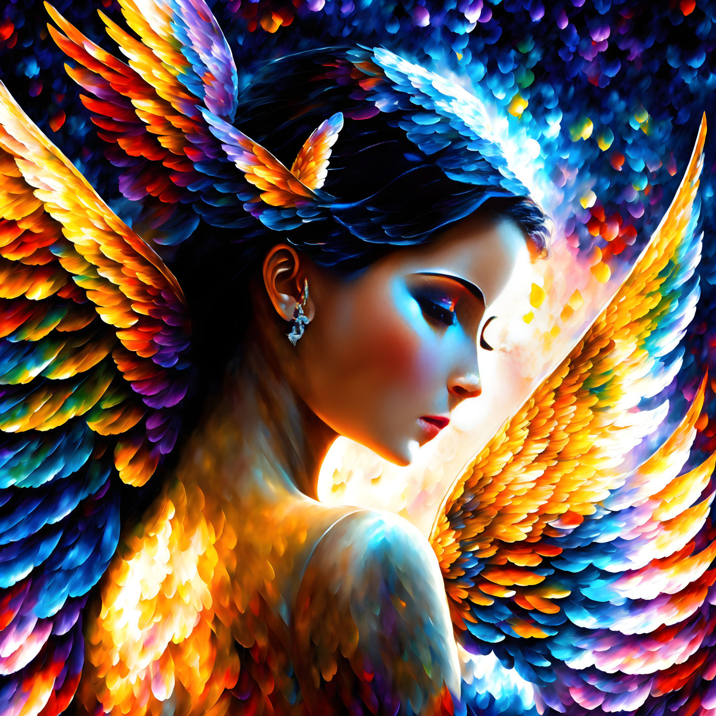Colorful Digital Art: Woman with Feathered Wings in Profile View
