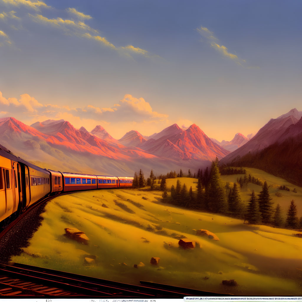 Train traveling through valley with mountains at sunset