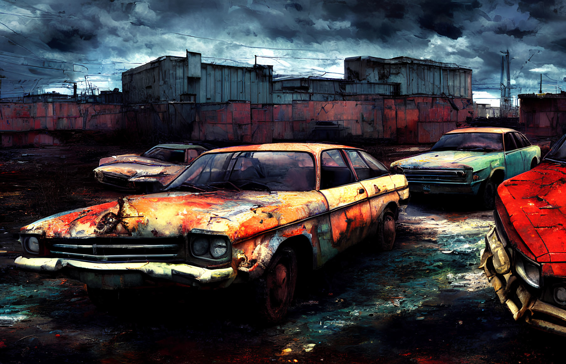 Abandoned rusty cars in stormy wasteland with dilapidated buildings