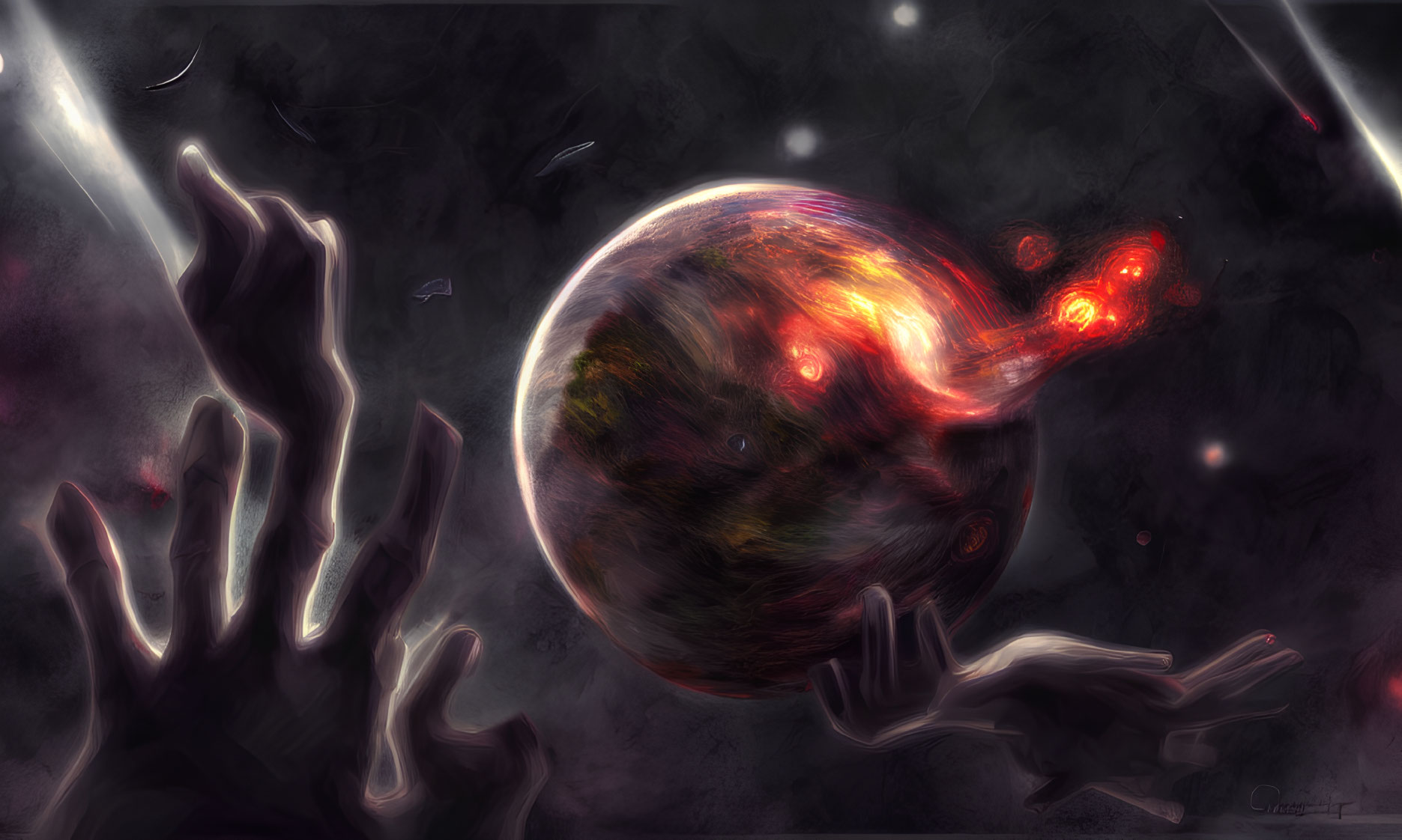 Silhouetted hands reaching fiery planet in cosmic scene