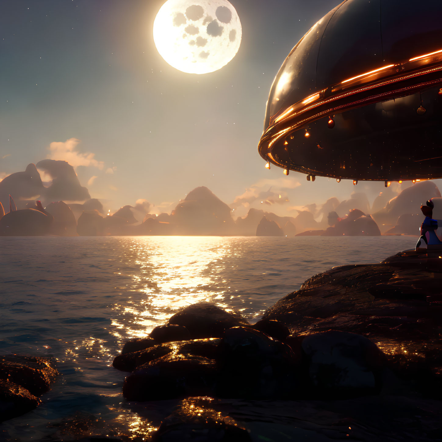 Person on rocky shore views futuristic airship at sunset