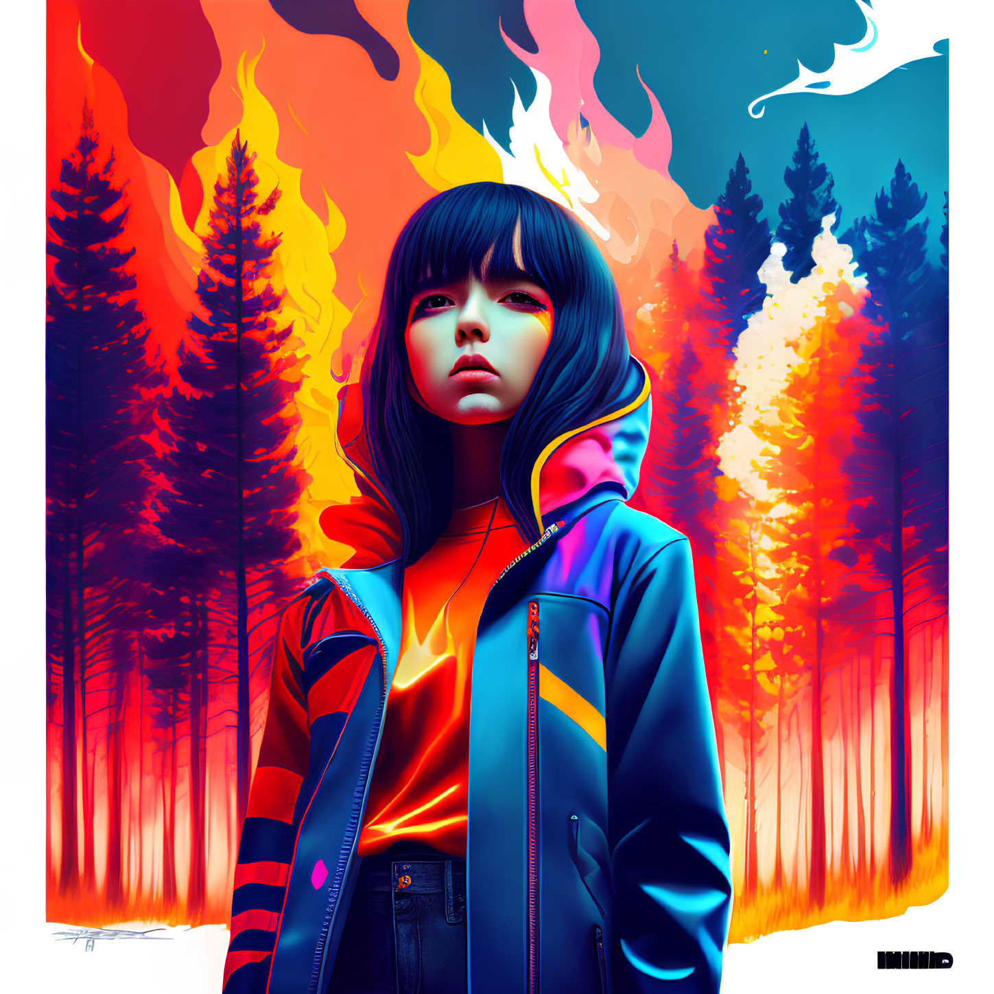 Digital Artwork: Girl in somber expression with colorful forest fire background