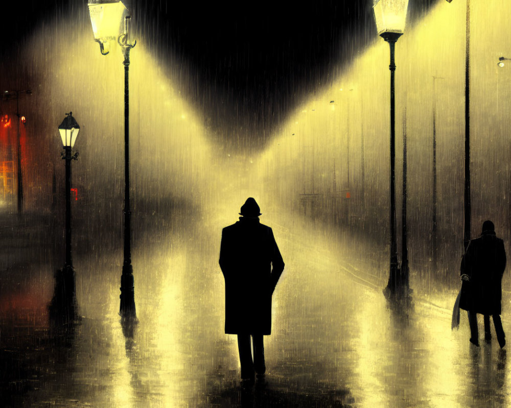 Silhouette of person standing in rain at night under streetlights