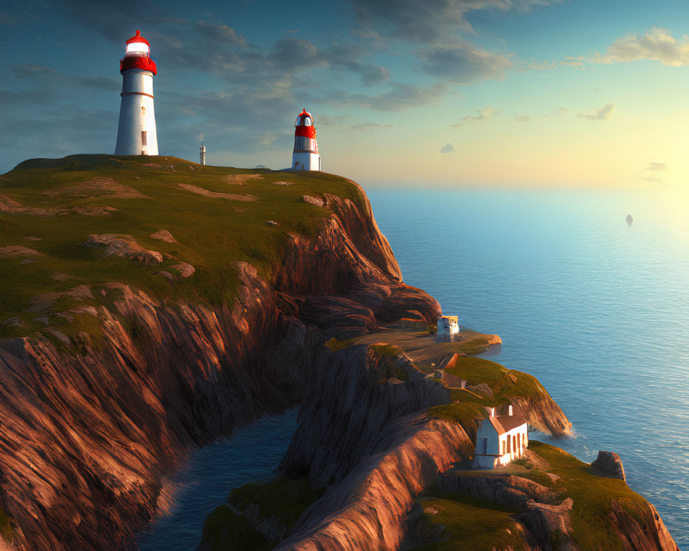 Tranquil coastal sunset with two lighthouses, grassy cliffs, white house, and hot