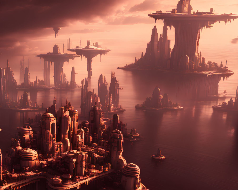 Futuristic cityscape with towering spires in warm alien sunset
