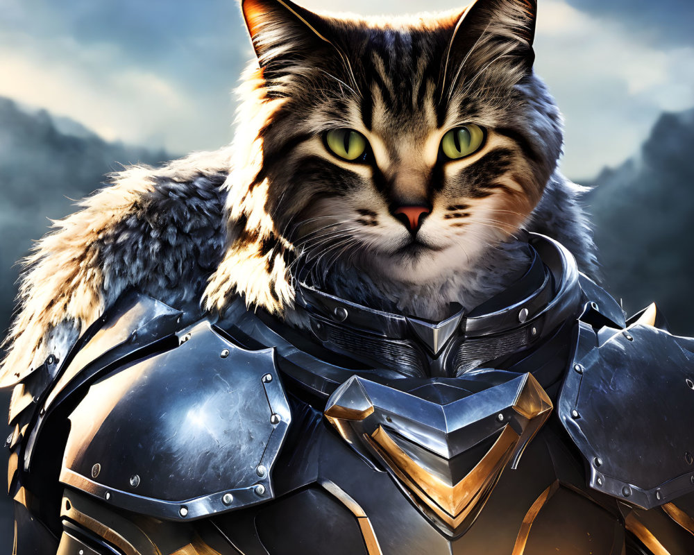 Majestic cat in metallic armor with green eyes on blurred background