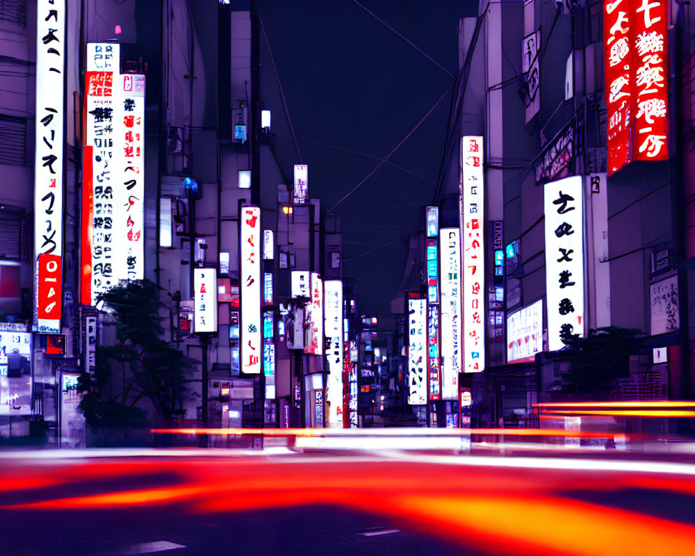 Vibrant Night Street with Japanese Neon Signs and Blurred Vehicle Lights