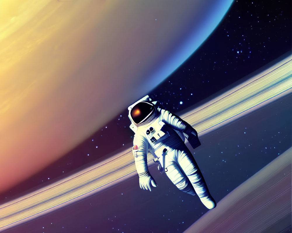 Astronaut floating in space with ringed planet and moon.