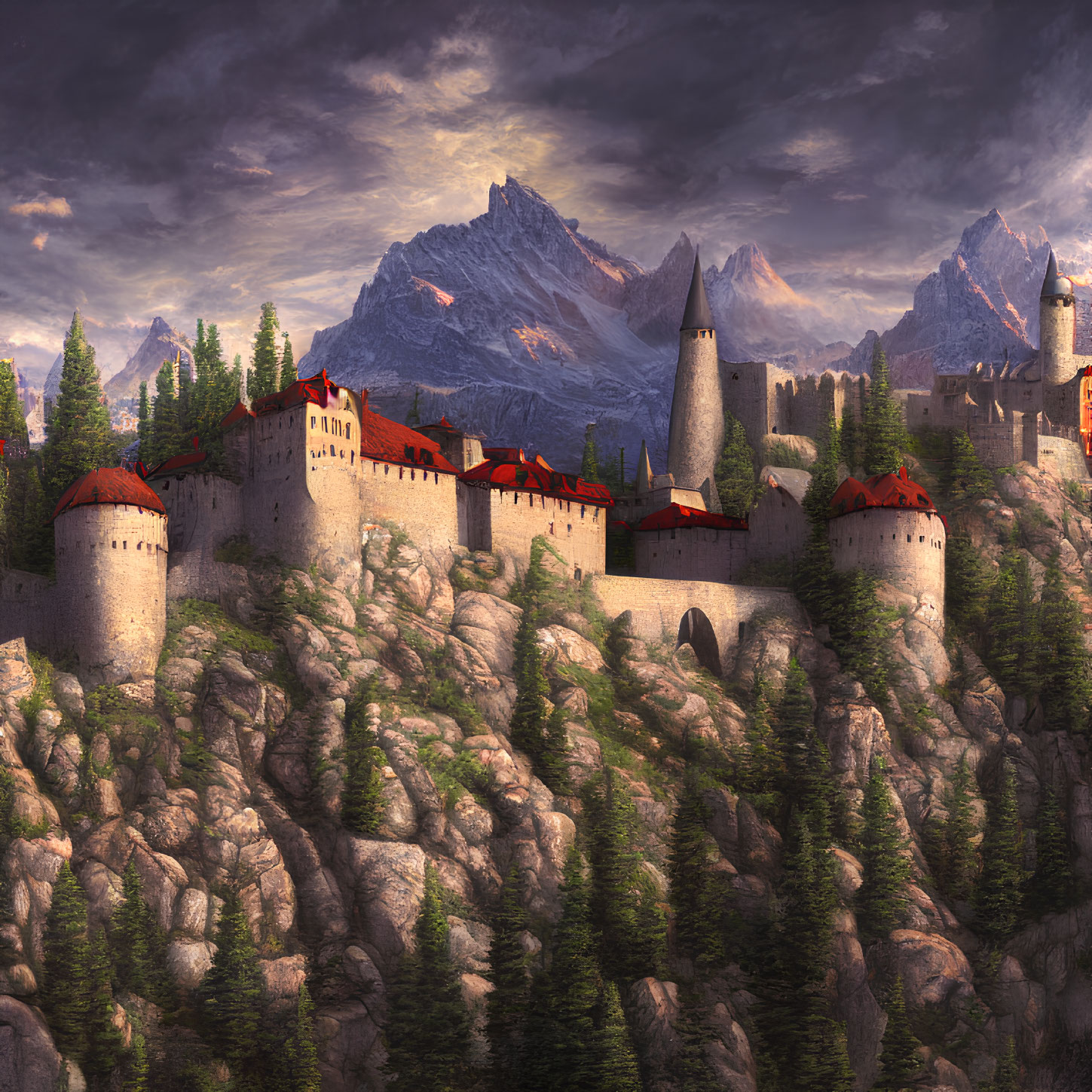 Medieval castle with red rooftops on rugged cliff amid mountains & greenery
