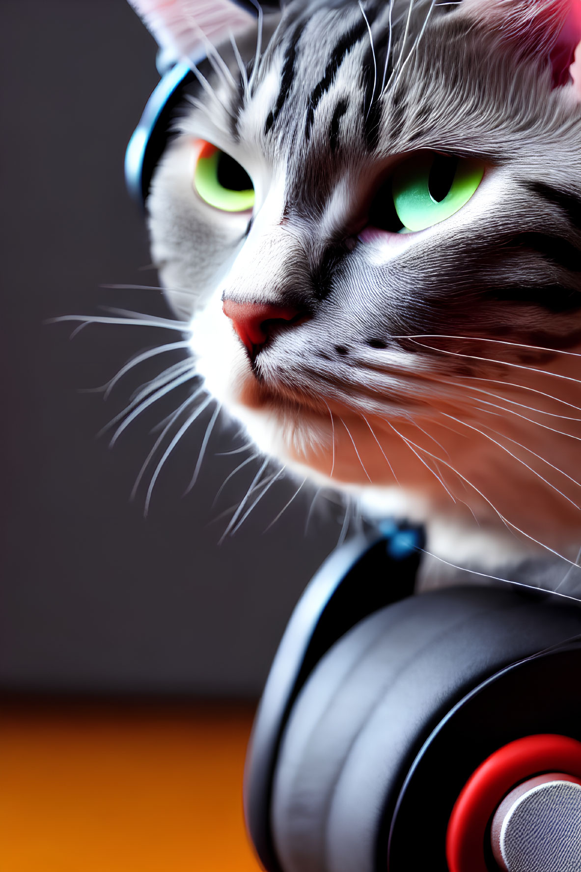 Cat with Green Eyes in Black and Red Headphones on Orange Background