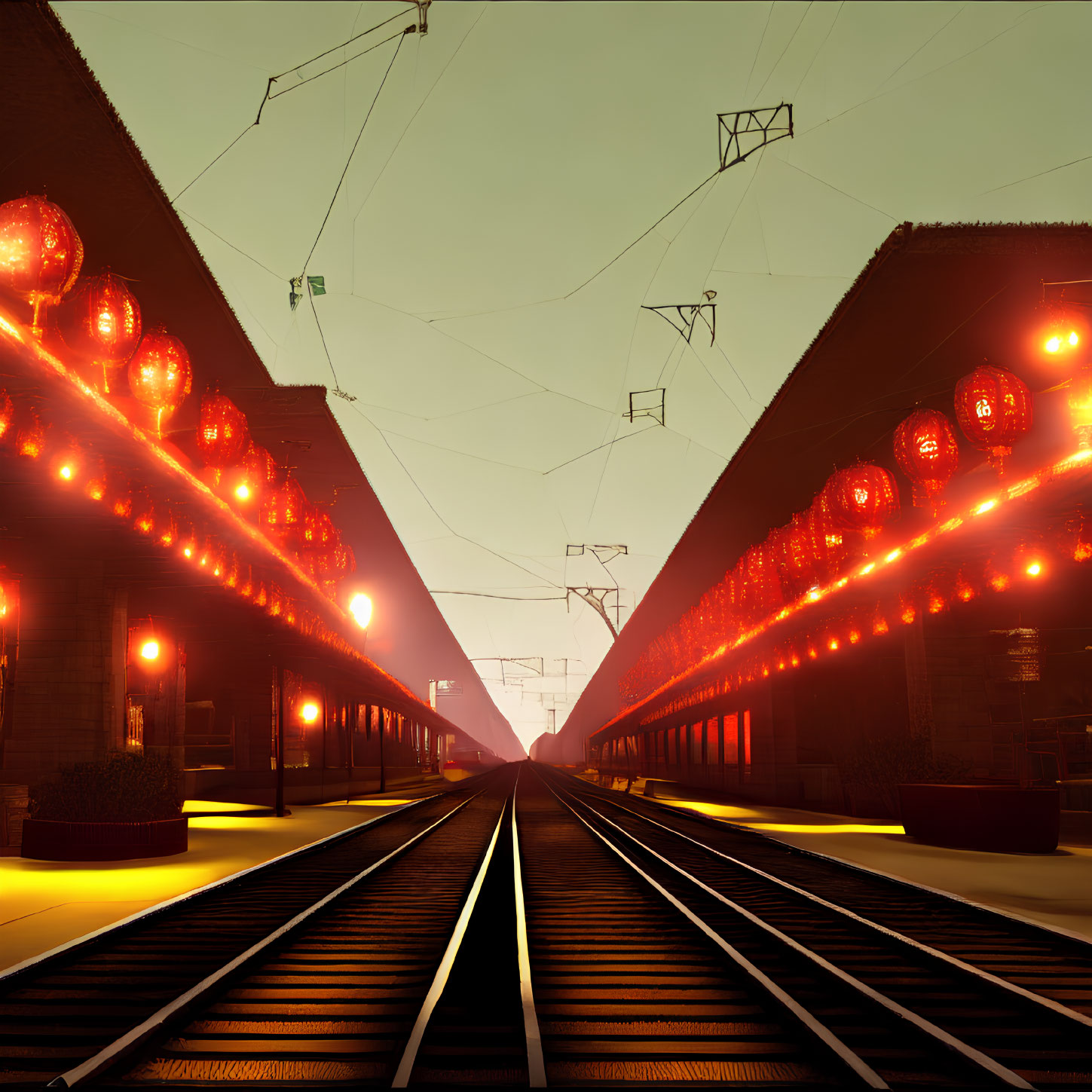Surreal train station at dusk with glowing red orb lights and orange sky