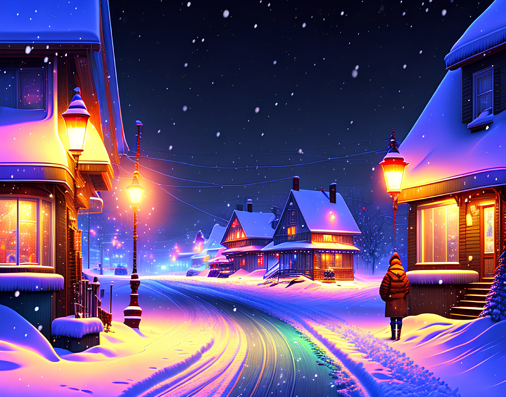 Snow-covered small town at night with illuminated houses, person walking, and falling snowflakes