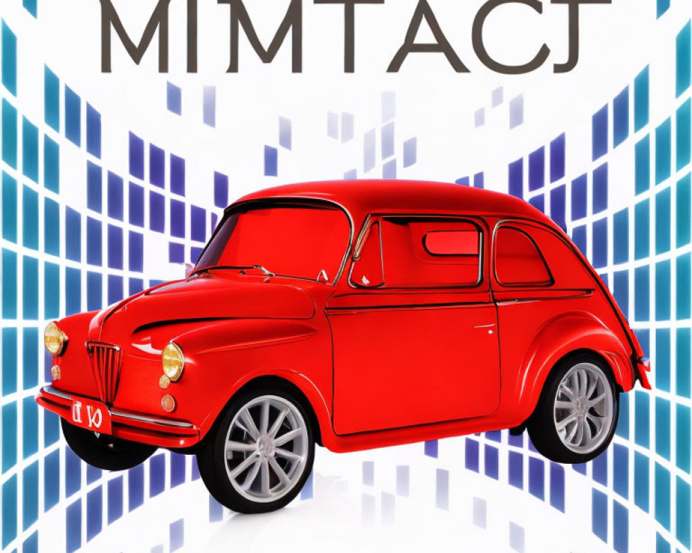 Vintage red car on blue checkered background with "MIMTACT" text